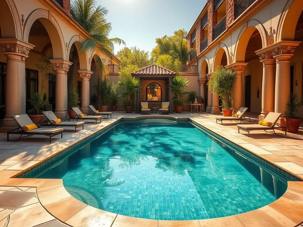 A natural stone tile installation around a pool, showcasing the unique textures and earthy tones that bring a sense of nature and sophistication to the pool area.