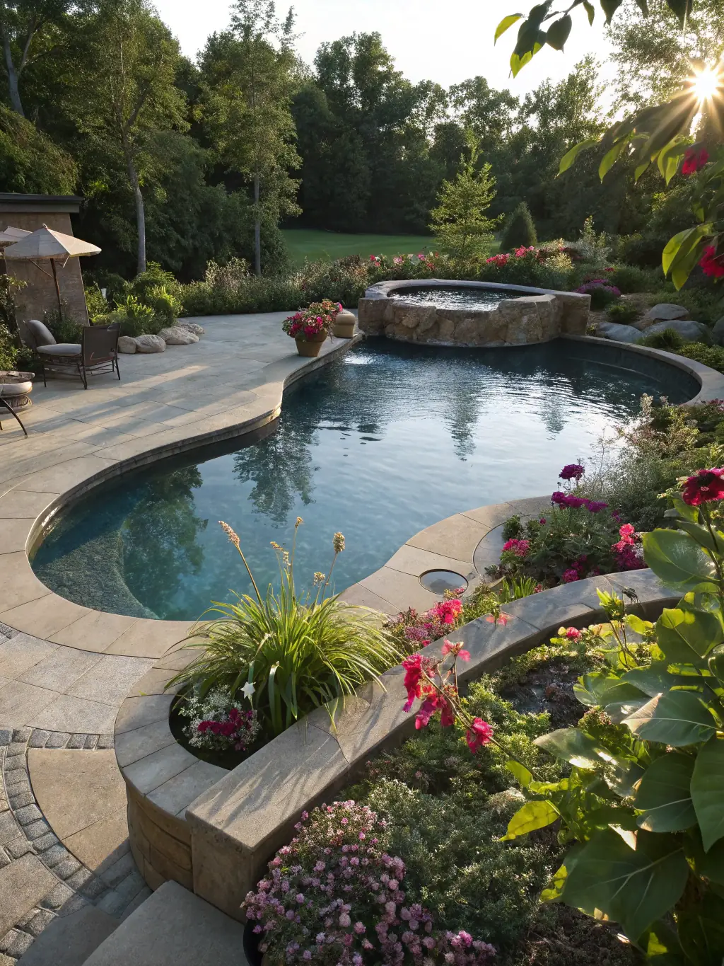 A photo of a pool with a dark-colored plaster finish, highlighting its ability to absorb heat and maintain a comfortable water temperature, illustrating the energy-saving benefits of their plastering.