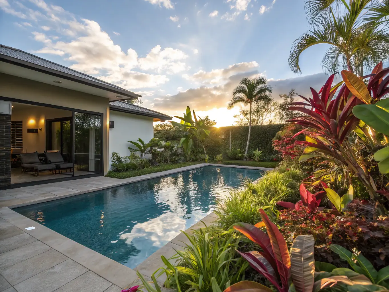 A visually appealing image of a pool lined with shimmering glass tiles, reflecting sunlight and creating a luxurious, vibrant effect.